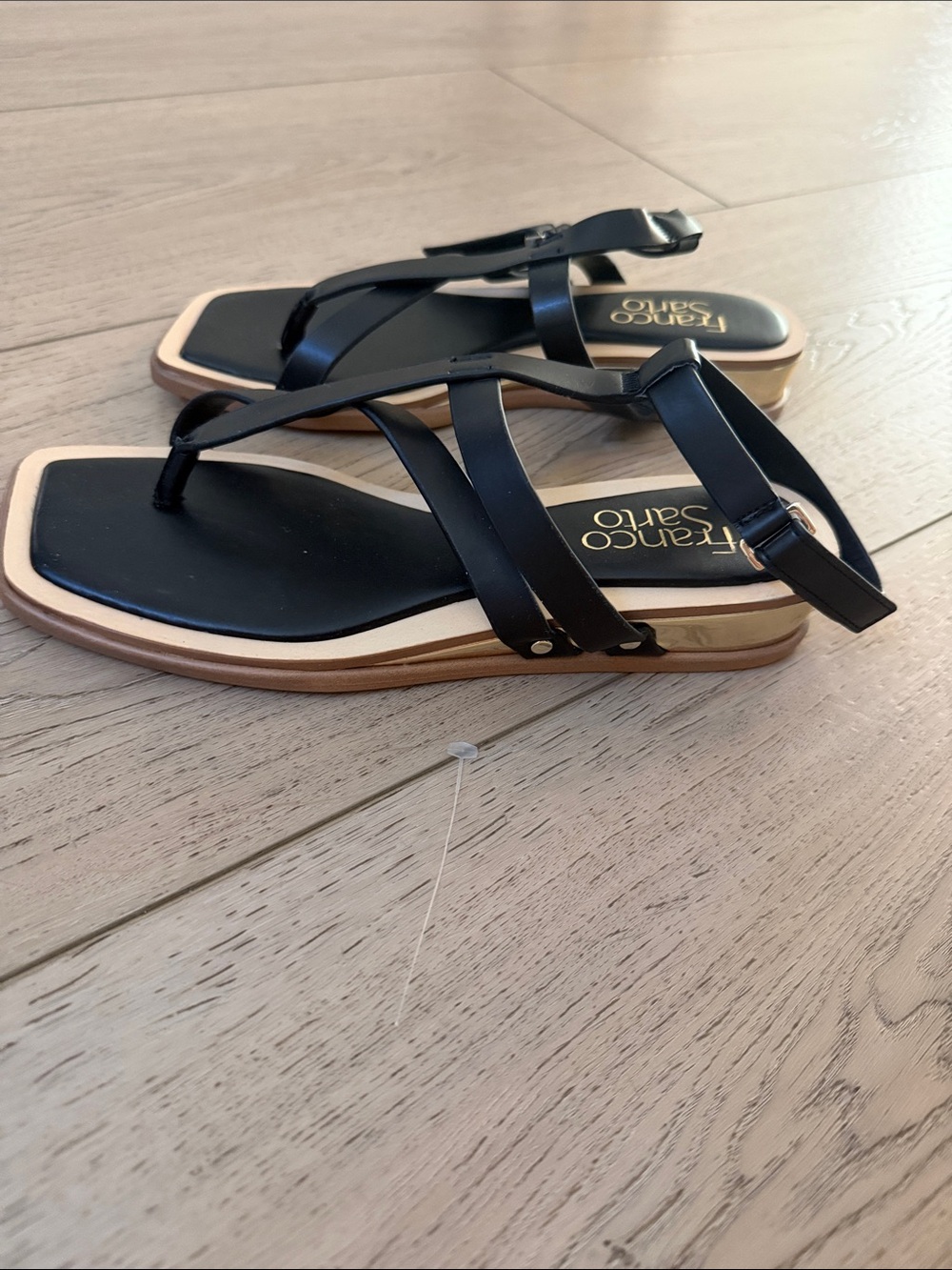 Franco Sarto Black Strappy Square-Toe Sandals with Gold Accent